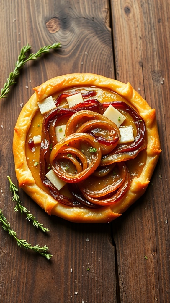 A caramelized onion tart with a flaky crust, topped with golden onions and cheese, on a wooden table.